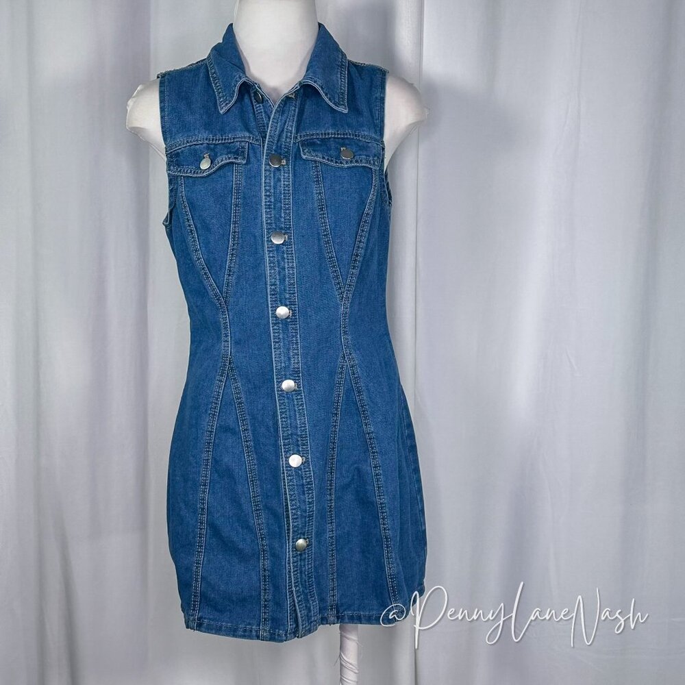 Shein Denim Button Front Sleeveless Shirt Dress Blue - Picture 3 of 10